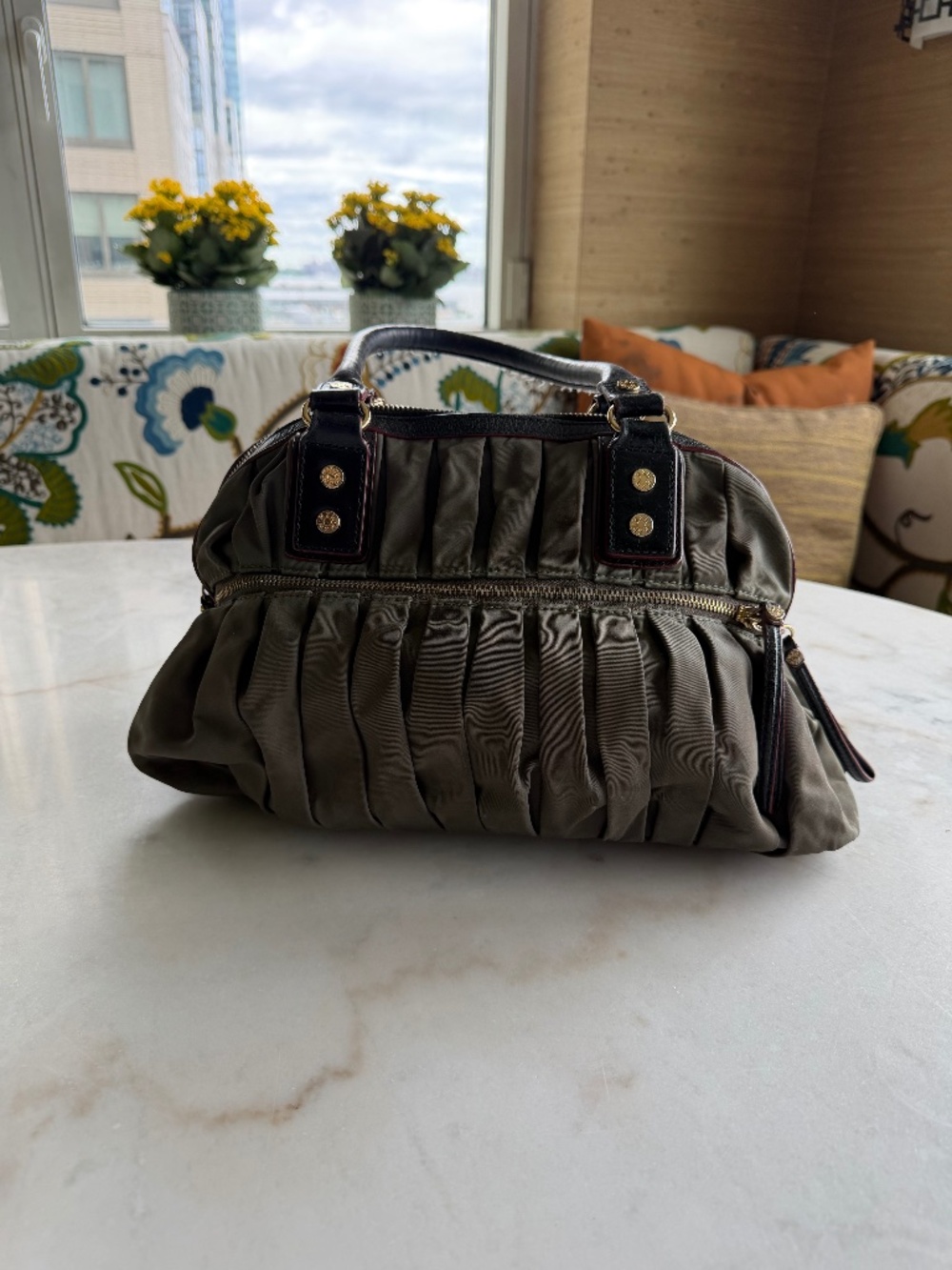 MZ Wallace Bea Pleated Purse - Olive Green with Black Patent & Red Details
